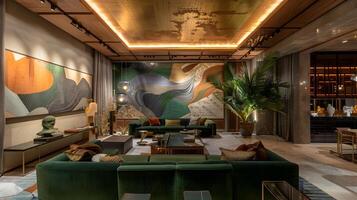 Modern Hotel Lounge with Green Velvet Sofas and Abstract Mural Wall Adorned with Bronze Sculptures and Warm Gold Lighting photo