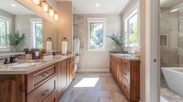 Spacious Master Bathroom with Double Vanity in Modern Farmhouse Style Home photo