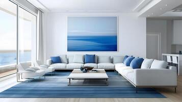 Modern Coastal Interior Design with Ocean View Art and Blue Accents photo