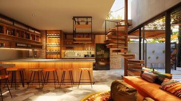 moderno casa interior con industrial escalera y vibrante mexicano estilo decoración foto