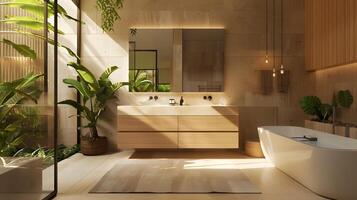 Modern Bathroom with Wood Accents and Natural Light Invoking Serenity and Style photo