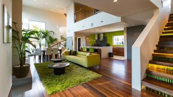 moderno hogar interior con vibrante verde acentos y abierto concepto vivo espacio foto