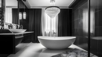 Modern Elegance - Sumptuous Monochrome Bathroom with Crystal Chandelier and Trendy Vanity photo