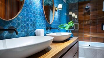 moderno baño con azul losas y madera acentos exhibiendo un elegante doble lavabo y verde planta foto