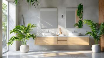 Modern Bathroom Interior with Wooden Vanity and Potted Plants Basking in Abundant Daylight photo