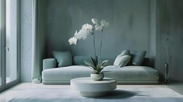 Minimalist Living Room with Light Blue Sofa and Orchid Evoking Calm and Balance in Home Decor Photography photo