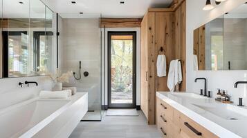 Modern Farmhouse Bathroom with White Oak Cabinets and Natural Daylight Embracing Minimalistic Style and Luxurious Tub photo