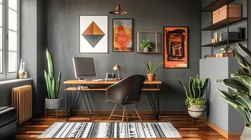 Modern Home Office with Industrial Touches and Geometric Art photo