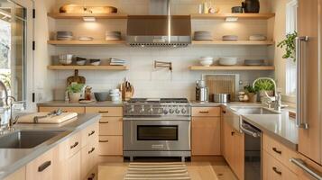 Modern Farmhouse Kitchen with Light Wood Cabinets and Inviting Open Shelving for Displaying Dishes and Textures photo