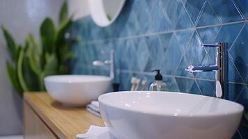 Modern Bathroom Design with Blue Geometric Tiles and Luxurious Ceramic Basins photo