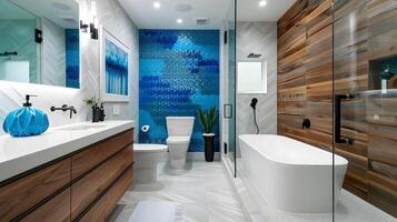 moderno baño con vibrante azul mosaico losas y regenerado madera elementos foto