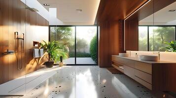 Modern Bathroom with Wooden Walls and Elegant Sink Counter Bathed in Natural Light Overlooking a Lush Garden photo