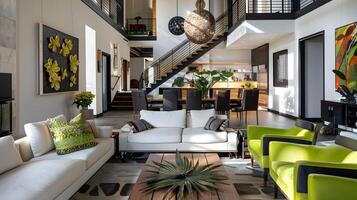 Modern Farmhouse Living Space with Black Steel Staircase and Vibrant Art Accents photo