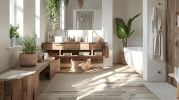 Modern Bathroom Sanctuary with Rustic Wood Accents and Greenery in Natural Light photo