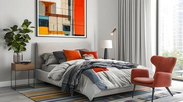 moderno dormitorio con ciudad ver un vibrante refugio adornado con resumen Arte y verdor foto