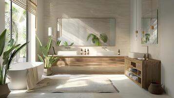 moderno baño santuario con natural luz, rústico madera acentos, y blanco bañera foto