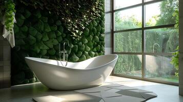 Modern Bathroom Oasis Freestanding Ellipse Tub adorned with Mossy Living Wall and Serene Garden View photo