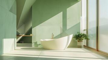 Minimalist Bathroom Oasis Serene Fusion of Nature and Modern Design with a Fashion-Forward Twist photo