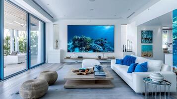 Minimalist Living Room Adorned with Blue Coral Reef Canvas and Underwater View photo