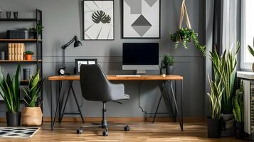 Modern Home Office Inspiring Creativity and Focus with Gray Walls, Wooden Desk, and Black Chair photo