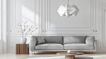 Minimalist Modern Living Room with Geometric Pendant Light and Decorative Wall Paneling, Exuding Elegant Nordic Style photo