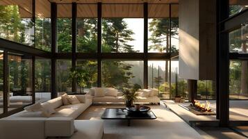 Modern Living Room with Floor-to-Ceiling Windows Overlooking a Dense Forest in a Tranquil Daytime Scene photo