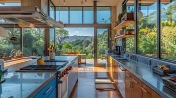 Modern Kitchen Overlooking Lush Valley in Malibu Home with Blue Accents photo