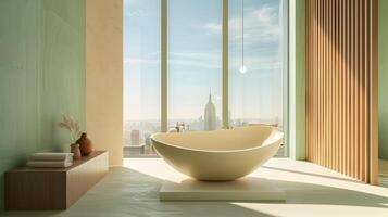 minimalista moderno baño con ligero verde paredes y de pie bañera ofrecimiento sereno relajación y un vislumbrar de ciudad horizonte foto