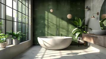 Modern Bathroom Oasis A Round Bathtub Nestled Against a Rich Mossy-Green Wall Embraced by Daylight photo