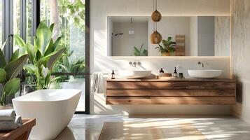 Modern Bathroom with Wood Accents and Large Windows Overlooking Lush Greenery, Exuding Serenity and Luxury photo
