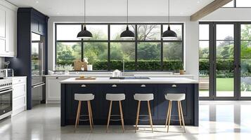 Navy Blue Kitchen with Serene Garden View and Premium Appliances photo