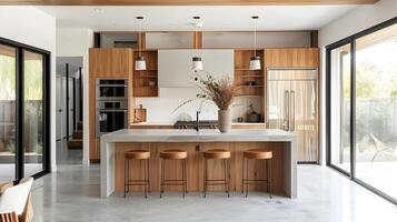 Minimalist Modern Kitchen with Oak Cabinets and White Marble Island - A Scandinavian Elegance for Culinary Delights photo