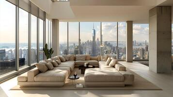 Modern Living Room with Breathtaking New York City Skyline View photo