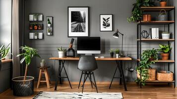 Modern Home Office Inspired by Cool Gray Walls and Industrial Shelves adorned with Lush Plants photo