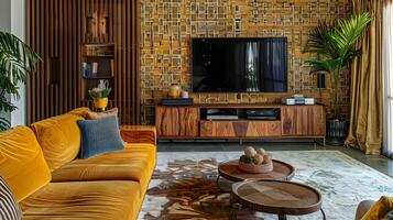 Mustard Yellow Velvet Sofa in a Warm and Inviting Living Room with Textured Wall Tiles and Retro Style Decor photo