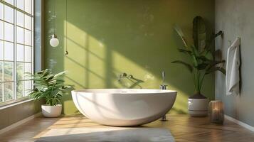 Modern Bathroom Oasis Serene Space with Olive-Green Walls, Acrylic Tub, and Minimalist Design photo