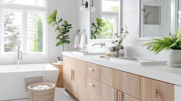 Modern Bathroom Serenity An Airy Sanctuary with Light Wood, White Countertops, and Invigorating Plants photo