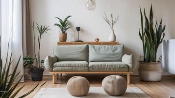 Minimalist Living Room with Sage Hue Sofa and Thriving Plants Infusing Life and Soothing Ambiance photo