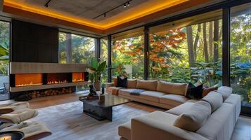 Modern Living Room in Brazilian Forests Showcasing Ultramodern Design and Serene Atmosphere photo