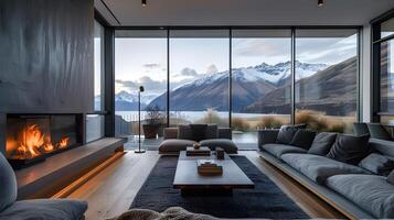 moderno vivo habitación serenidad nevado montañas y abierto hogar a puesta de sol foto