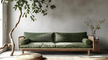 Moss Green Sofa adorned with Leafy Branches in Minimalist Living Space photo