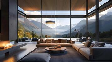 Modern Living Room with Floortoceiling Windows Offering a Stunning Mountain View - Elegant Interior Design and Peaceful Scenery photo