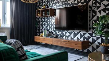 Modern Apartment's Chic Living Room with Geometric Wallpaper and Emerald Green Sofa photo