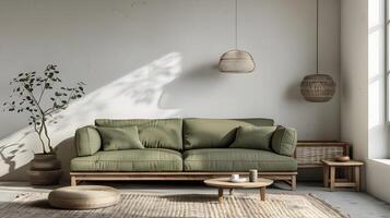 Moss Green Sofa in Modern Scandinavian Living Room with Wicker and Wooden Elements photo