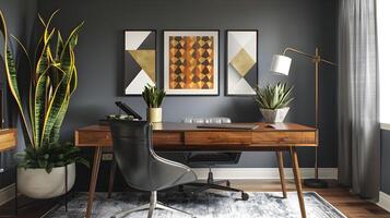 Midcentury Modern Home Office Industrial Grit Meets Modern Panache through Geometric Art and Potted Plants photo