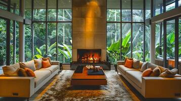 Modern Living Room with Rainforest View Warmth and Relaxation in an Exotic House photo