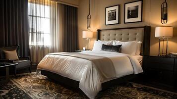 Luxurious Modern Hotel Room with Elegant Black Headboard and Plush White Linens photo