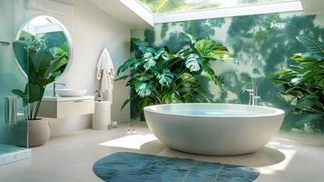 Luxurious Tropical Bathroom Oasis Featuring Oversized Bathtub and Jungle Landscape Wall photo