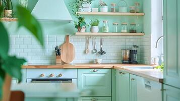 Mint Green Scandinavian Kitchen Design with Light Wood Accents and Cozy Pastel Color Scheme photo