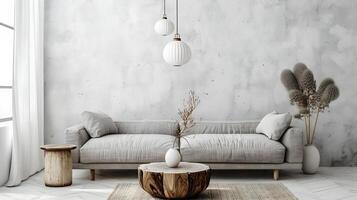 Modern Living Room with Concrete Wall and Scandinavian Boho Design Featuring Light Grey Sofa and Wooden Coffee Table photo